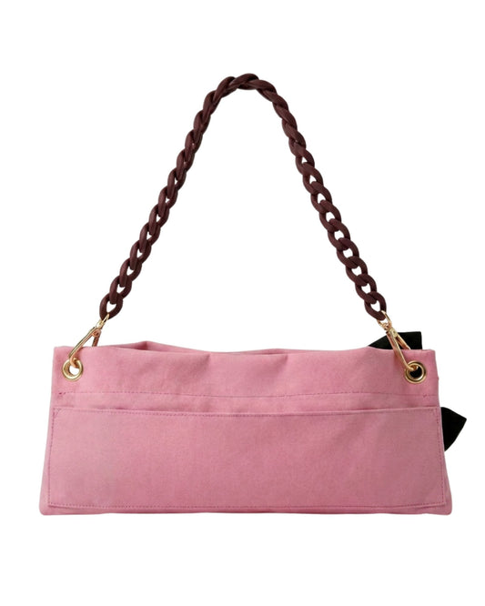 Pink Classic Pointe Shoe Bag back view with velcro pocket and removable chain strap — PointeBag By Ballerina