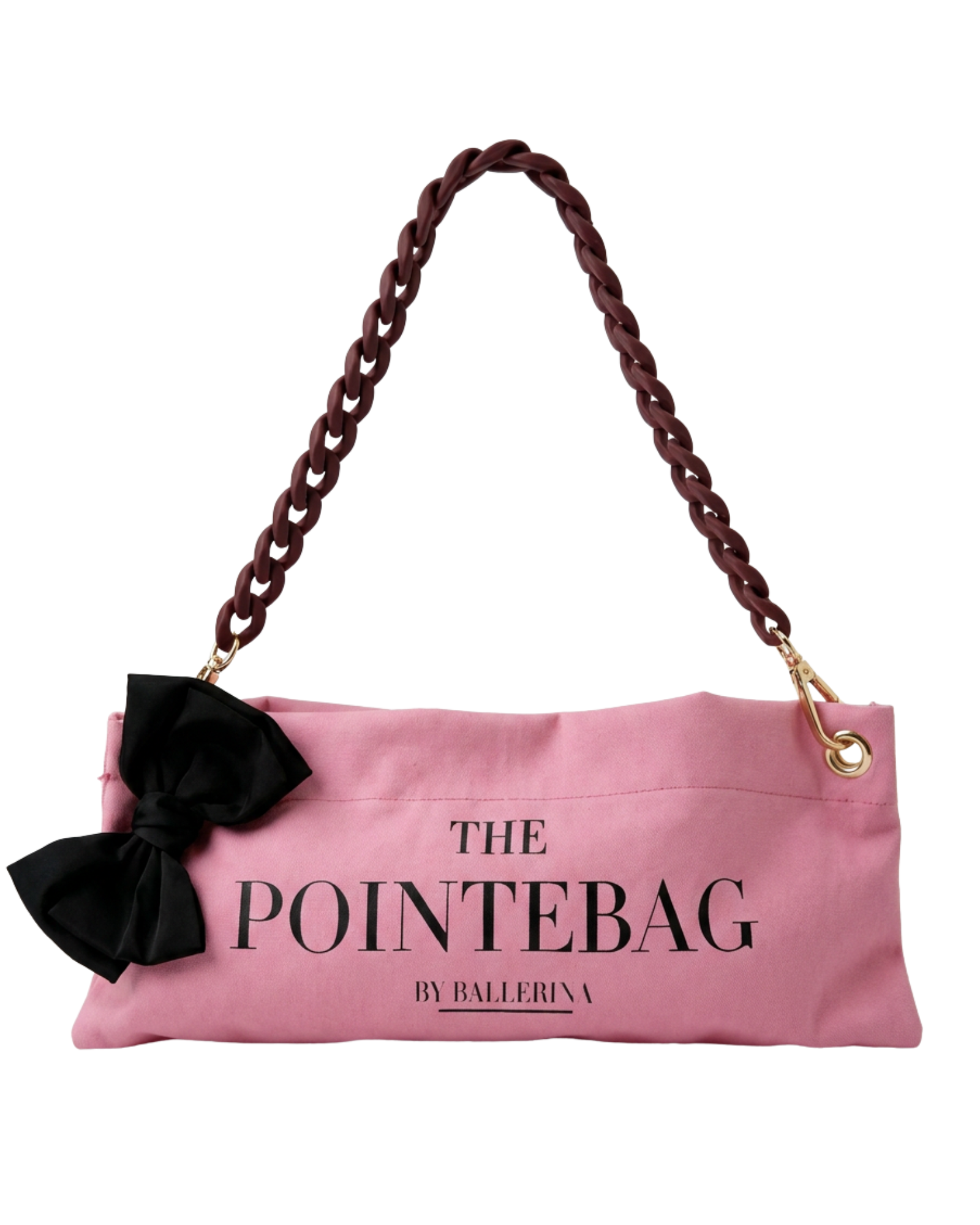 Pink Classic Pointe Shoe Bag with black satin bow and brown chain strap — PointeBag By Ballerina