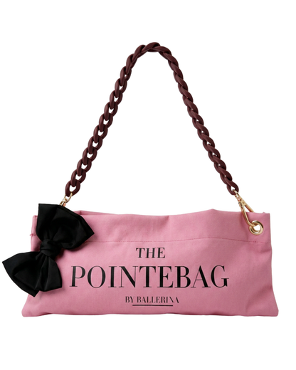 Pink Classic Pointe Shoe Bag with black satin bow and brown chain strap — PointeBag By Ballerina
