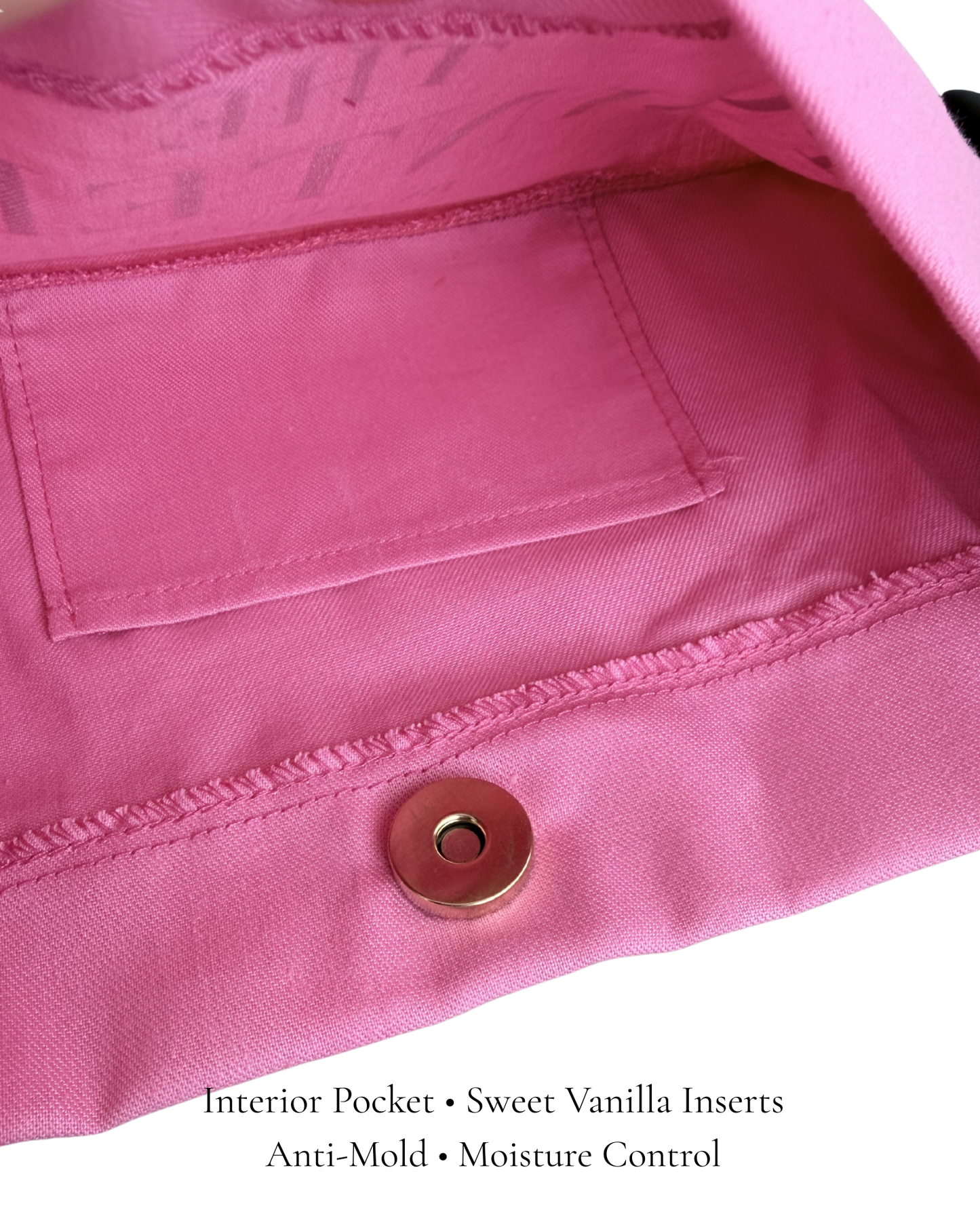 Interior of Pink Classic Pointe Shoe Bag with gold magnetic snap and vanilla scent inserts — PointeBag By Ballerina