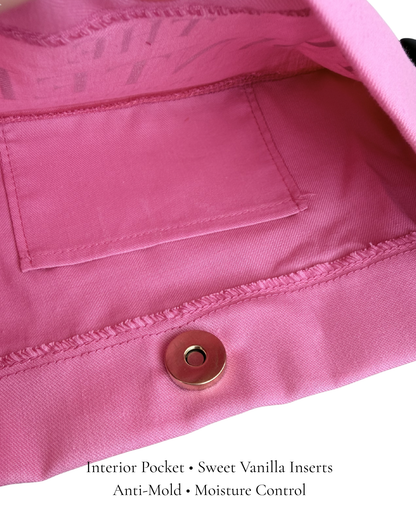 Interior of Pink Classic Pointe Shoe Bag with gold magnetic snap and vanilla scent inserts — PointeBag By Ballerina