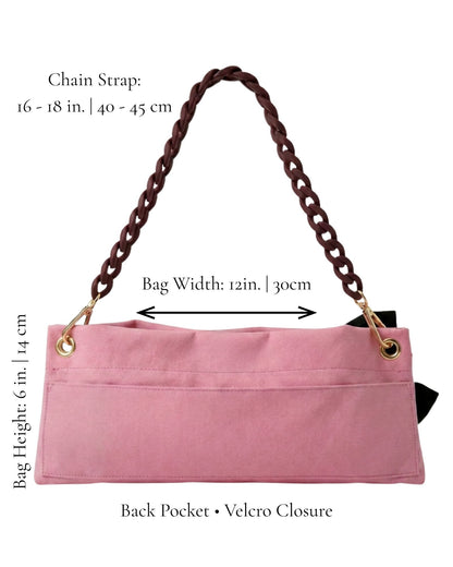 Pink Classic Pointe Shoe Bag dimensions — 12x6in. bag with 16in. chain and velcro back pocket — PointeBag By Ballerina