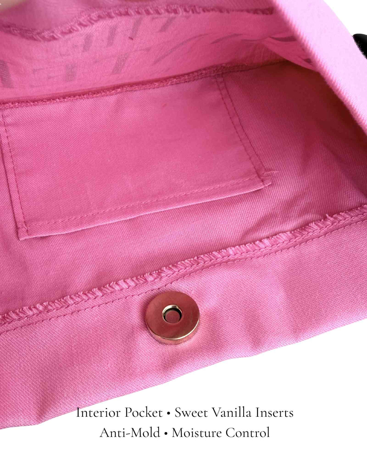 Interior of Pink Classic Pointe Shoe Bag with gold magnetic snap and vanilla scent inserts — PointeBag By Ballerina