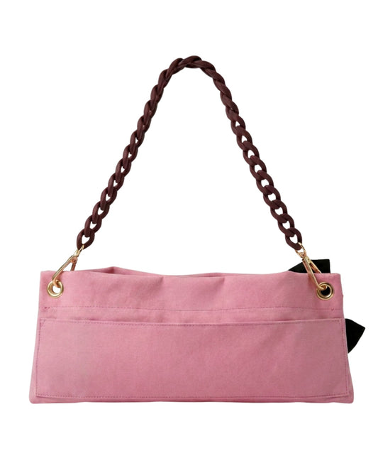Pink Polka Edit PointeBag back view — dark coffee chain, gold hardware, a blush pink cotton canvas pointe shoe bag by PointeBag By Ballerina