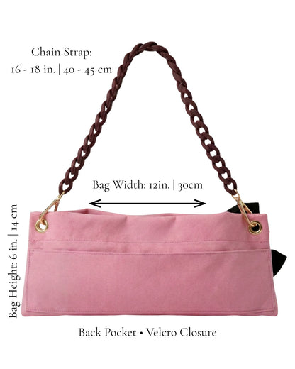 Pink Polka Edit PointeBag size guide — 12in x 6in bag, 16-18in dark coffee chain strap, back pocket with velcro closure - PointeBag By Ballerina