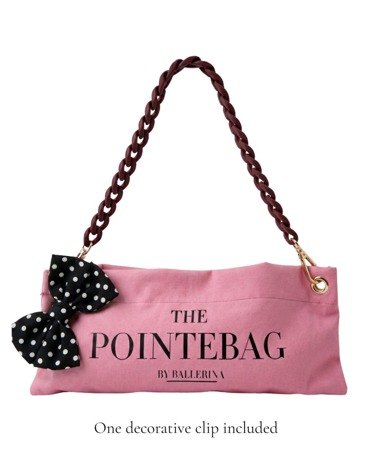 The PointeBag Classic Pink Polka Edit front view — blush pink pointe shoe bag with black & white polka dot bow clip by PointeBag By Ballerina