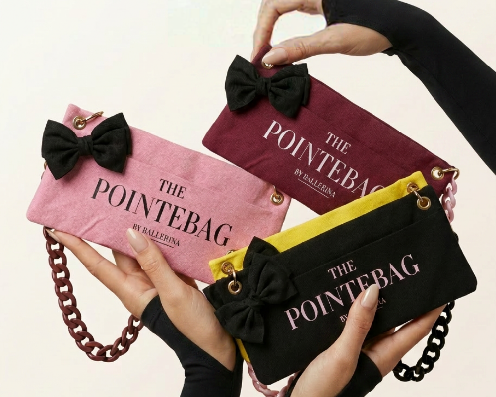 "The PointeBag By Ballerina — ballet bags in pink, burgundy, black and yellow with black bows and chain straps, held by dancers"