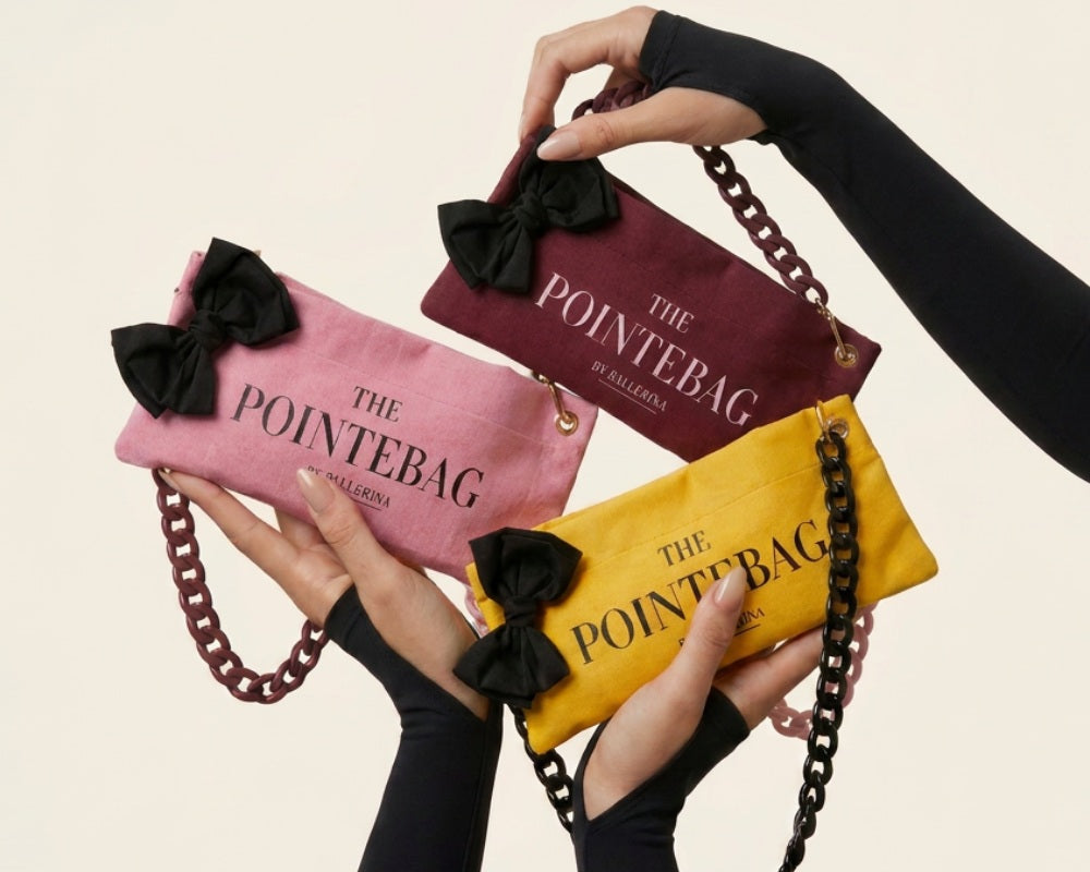 The PointeBag by Ballerina - pink, burgundy and yellow scented pointe shoe bags with black bow and chain handle, held by ballet dancers