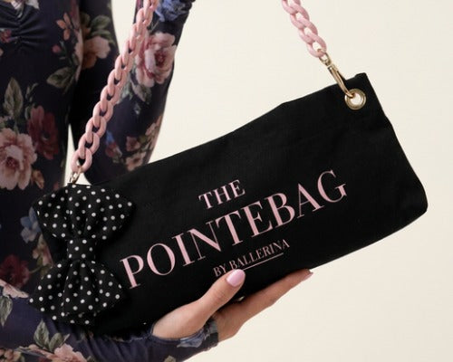 Black limited edition polka dot PointeBag with pink chain and bow — scented pointe shoe bag by PointeBag By Ballerina