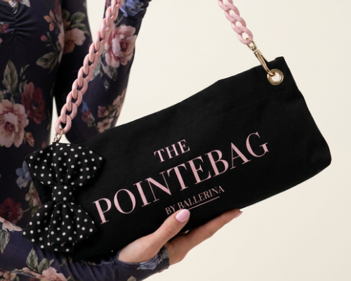 Black limited edition polka dot PointeBag with pink chain and bow — scented pointe shoe bag by PointeBag By Ballerina