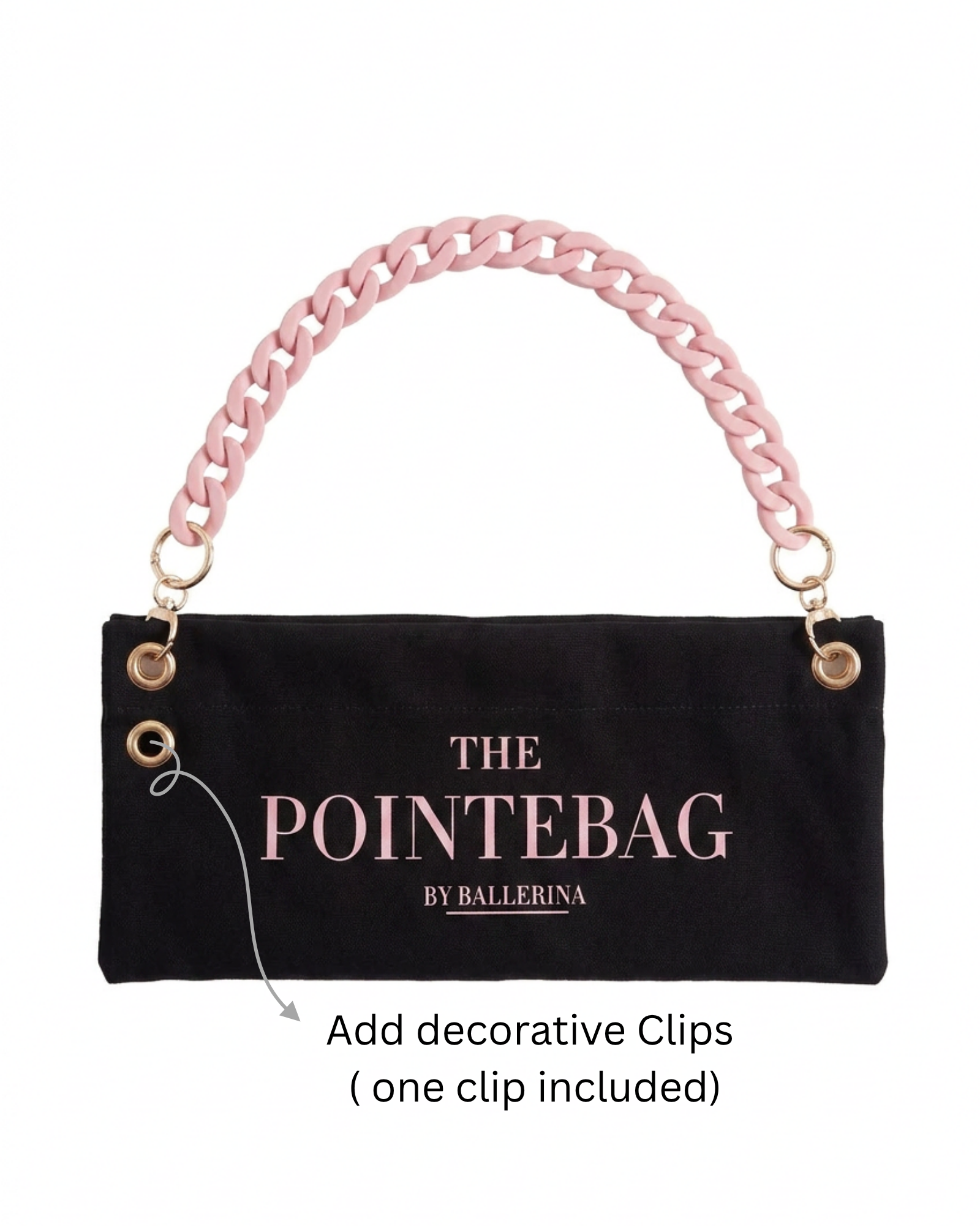 "Black PointeBag By Ballerina with pink chain handle — personalizable dance bag with interchangeable decorative clips, one included"