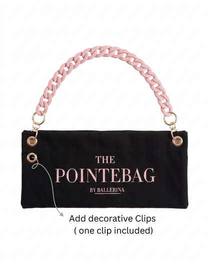 "Black PointeBag By Ballerina with pink chain handle — personalizable dance bag with interchangeable decorative clips, one included"