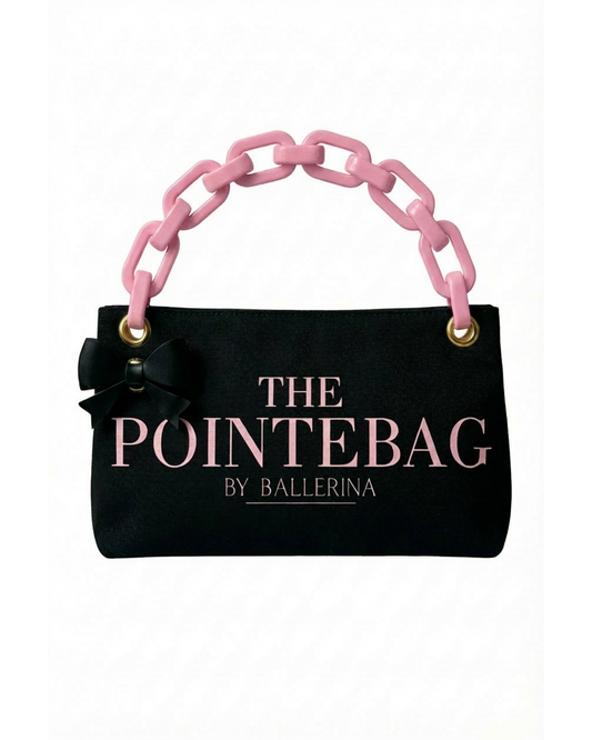 The Black Classic PointeBag | Features our stylish Pointe Shoes Bag in black color with our PointeBag By Ballerina Logo in pink color . There are two gold eyelets on both top corners and another gold eyelet for the bow design clip. There is a pink plastic chain for stylish hold.