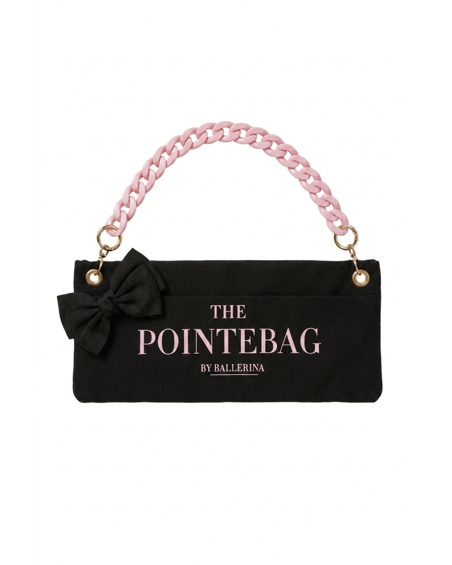 "The PointeBag By Ballerina in black — ballet bag with black bow and pink chain strap, gold hardware"