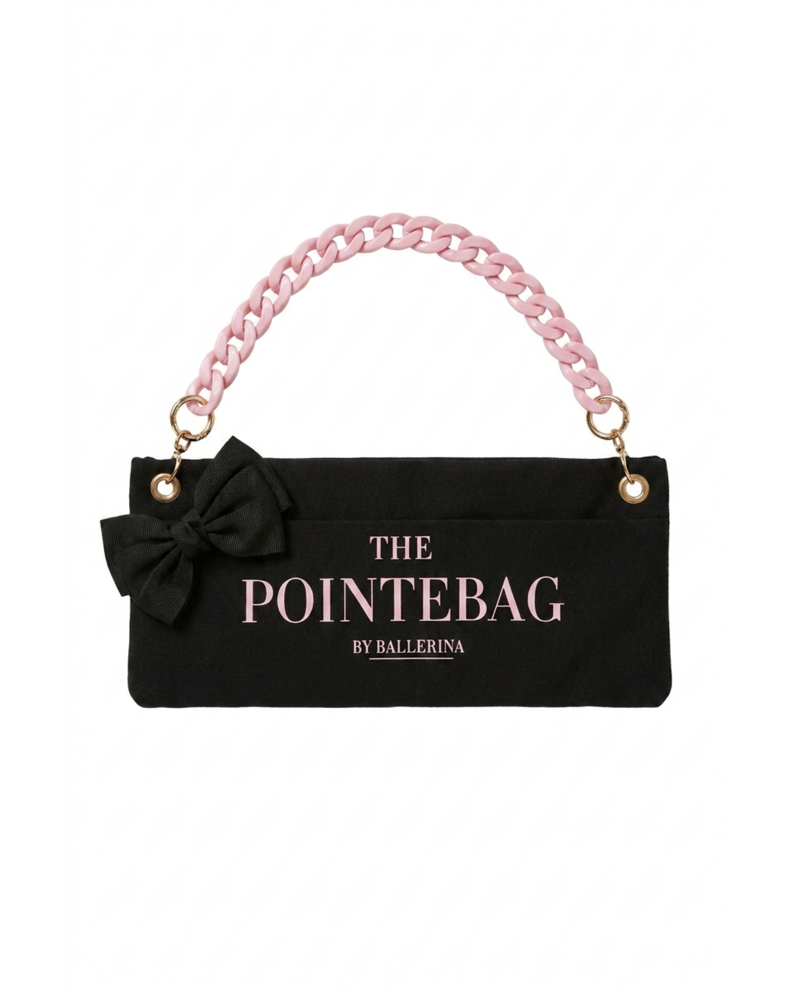 "The PointeBag By Ballerina in black — ballet bag with black bow and pink chain strap, gold hardware"