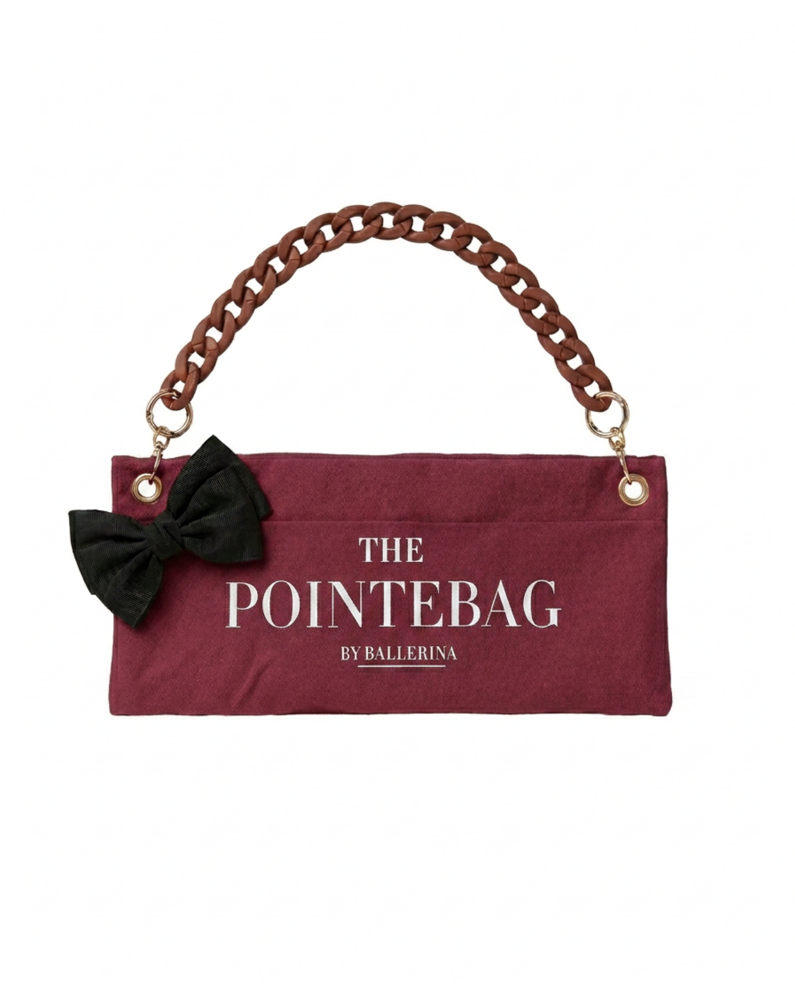 "The PointeBag By Ballerina in burgundy with decorative clip attachment point — customizable ballet bag with dark chain strap and gold hardware"