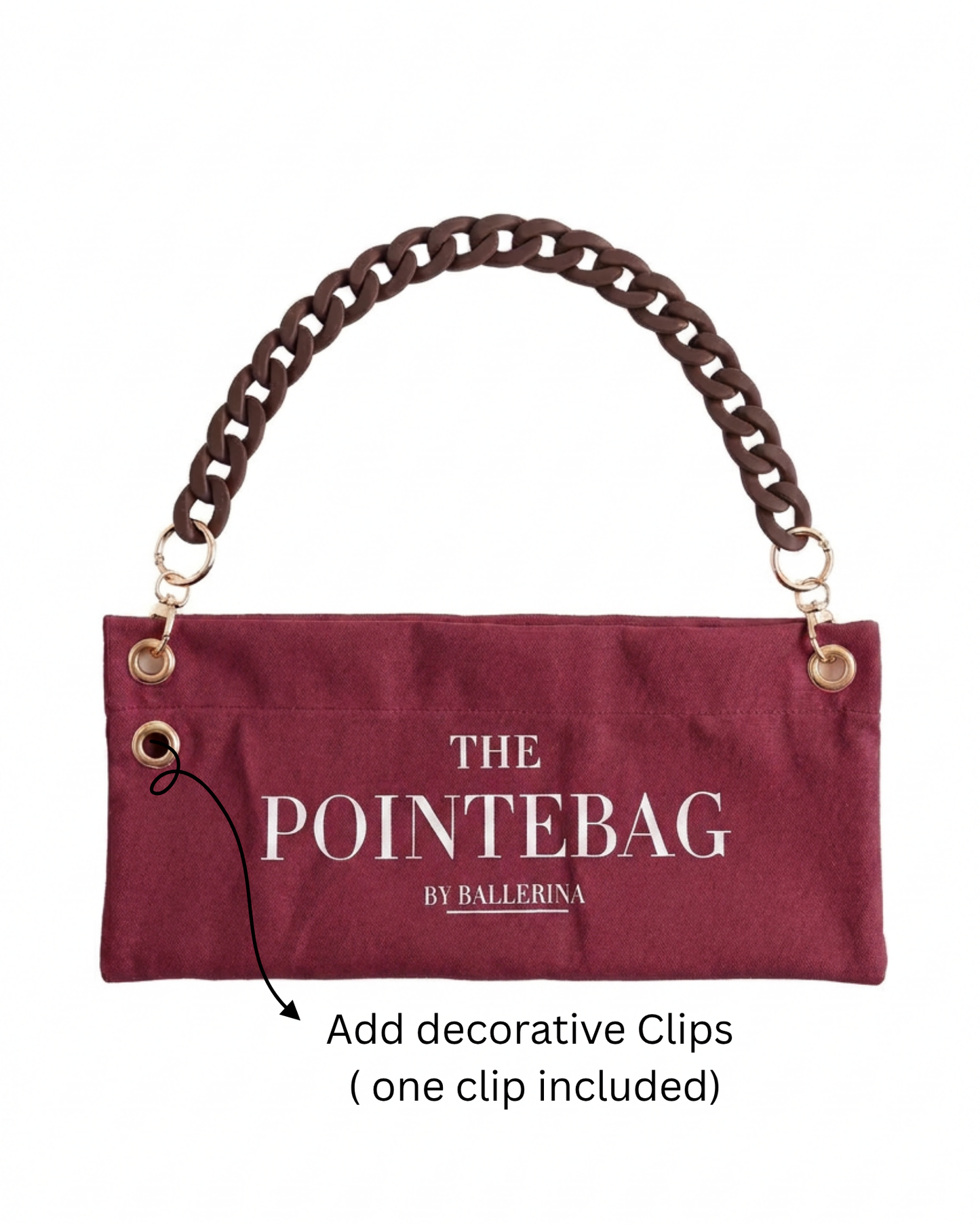 "The PointeBag By Ballerina in burgundy with decorative clip attachment point — customizable ballet bag with dark chain strap and gold hardware"