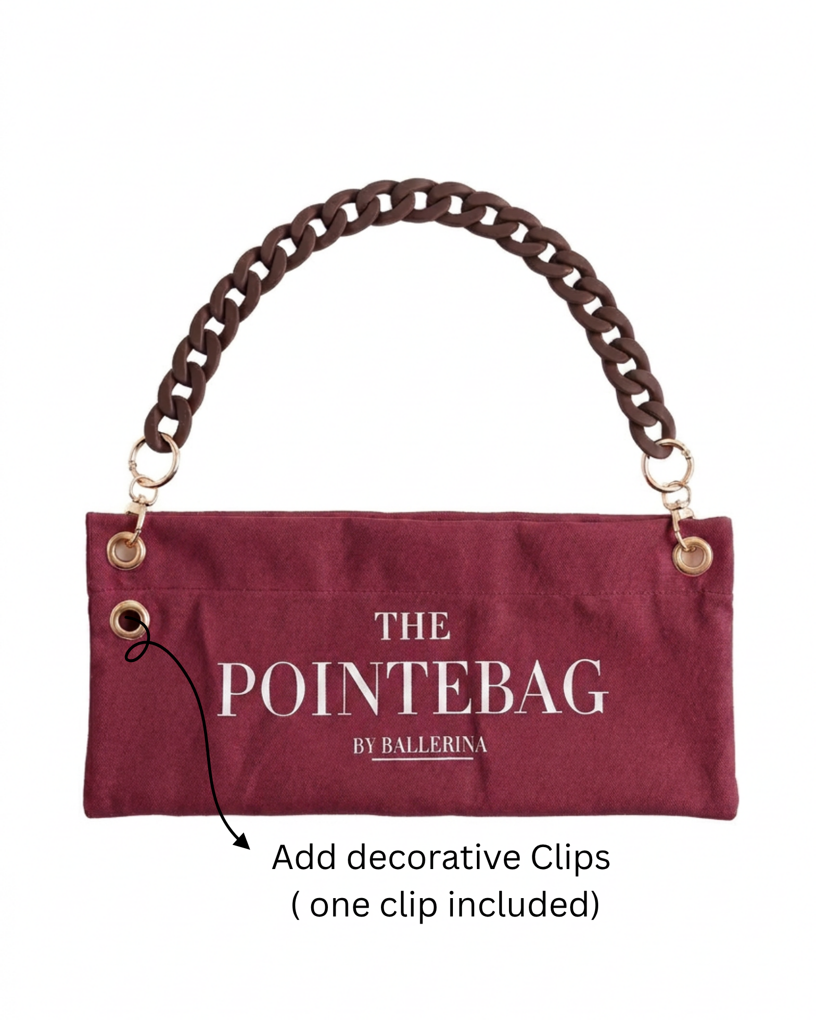 "The PointeBag By Ballerina in burgundy with decorative clip attachment point — customizable ballet bag with dark chain strap and gold hardware"
