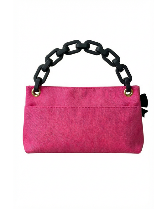 Fuchsia Classic PointeBag made from durable fabric, featuring a stylish design with black chain strap, scented pocket, a big interior compartment for ballet shoes and a long back pocket for ballet small accessories like toe pads, hair pins, bandages etc.