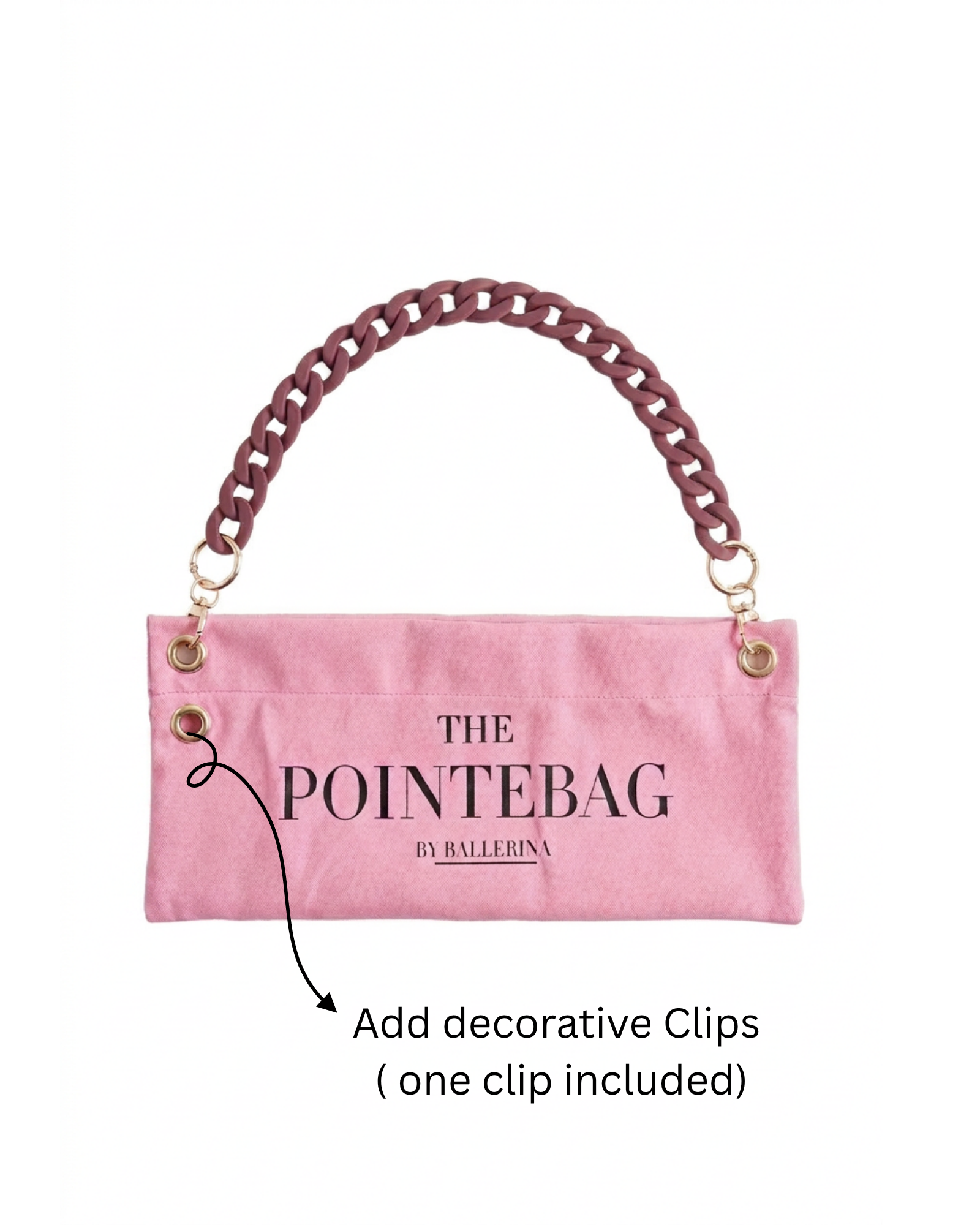 The Pink Classic Pointe & Ballet Shoe Bag with vanilla scent. Replaceable and removable decorative clip.