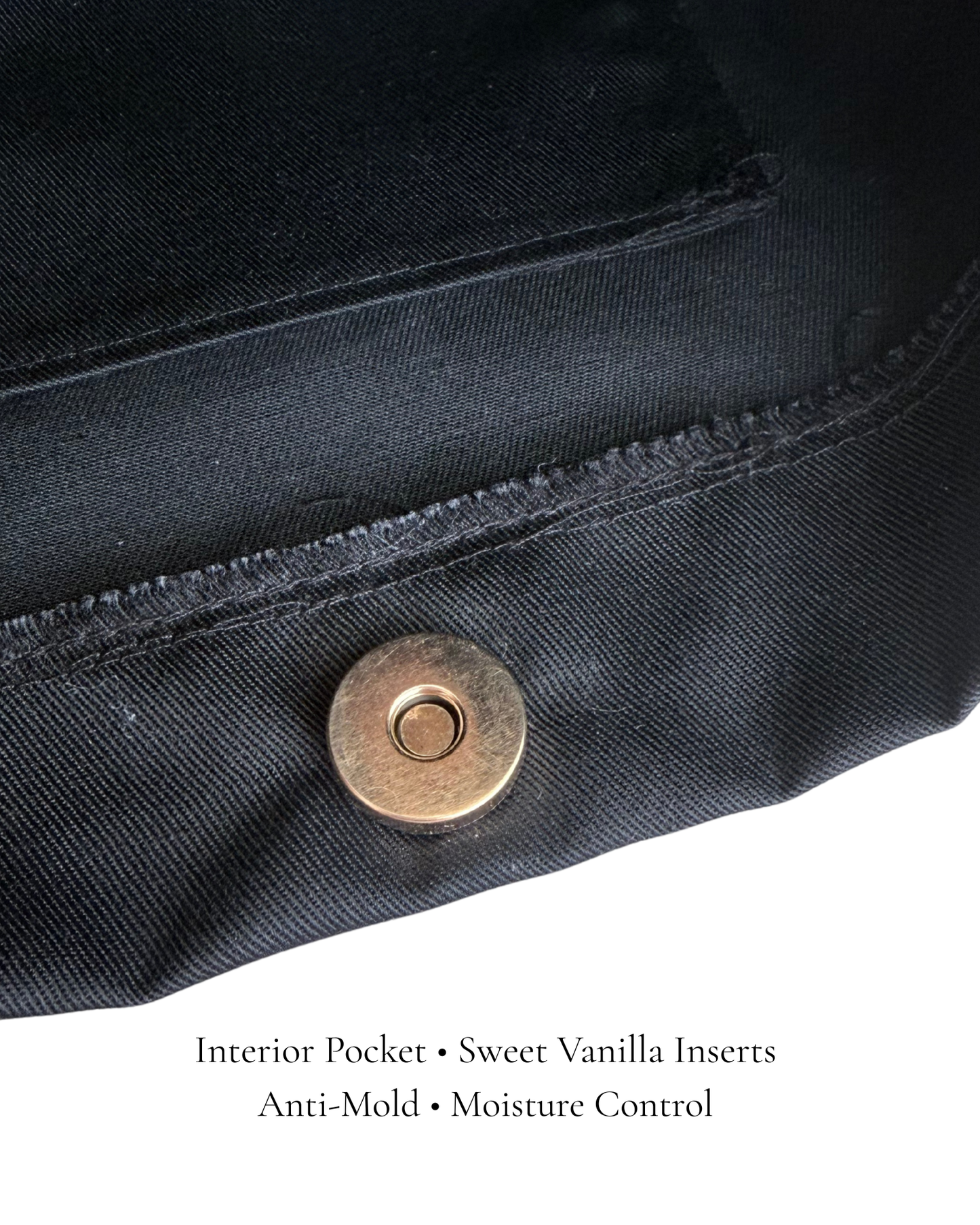 Interior pocket of the Black Polka Edit ballet bag — gold magnetic closure, sweet vanilla anti-mold insert for moisture control, by PointeBag By Ballerina