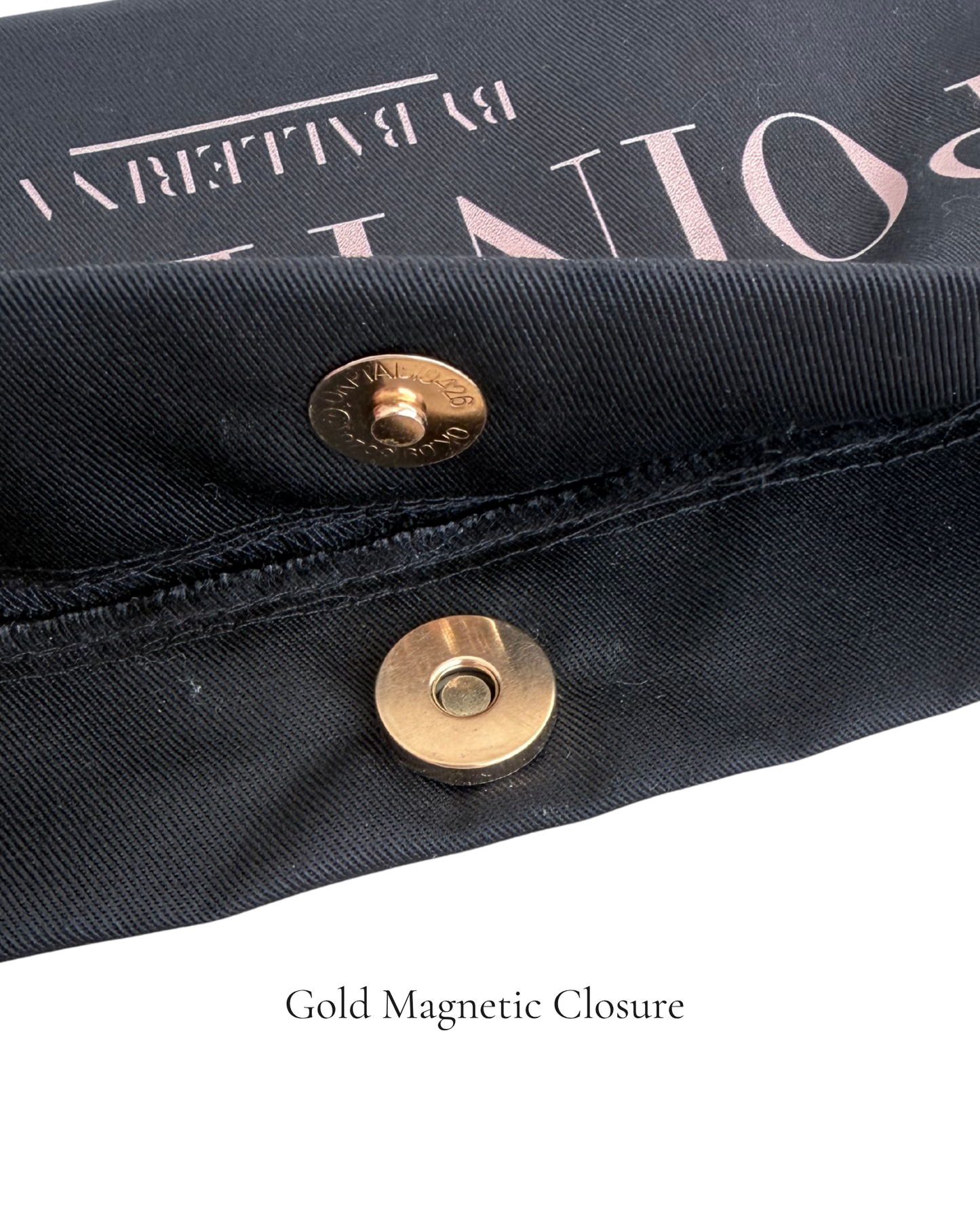 Close-up of gold magnetic closure on the Black Polka Edit ballet bag — secure snap detail on 220g cotton canvas, by PointeBag By Ballerina