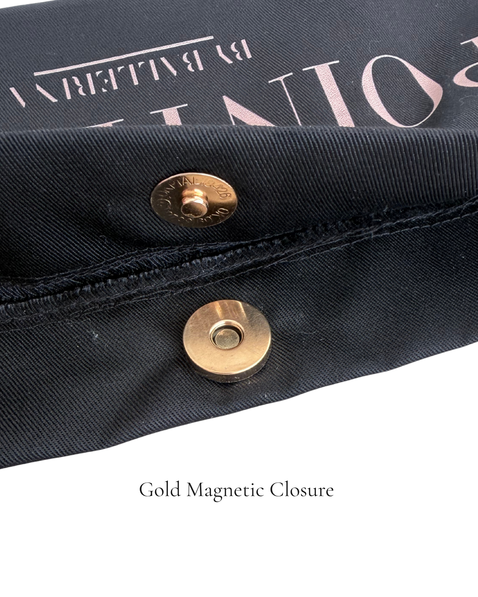 Close-up of gold magnetic closure on the Black Polka Edit ballet bag — secure snap detail on 220g cotton canvas, by PointeBag By Ballerina