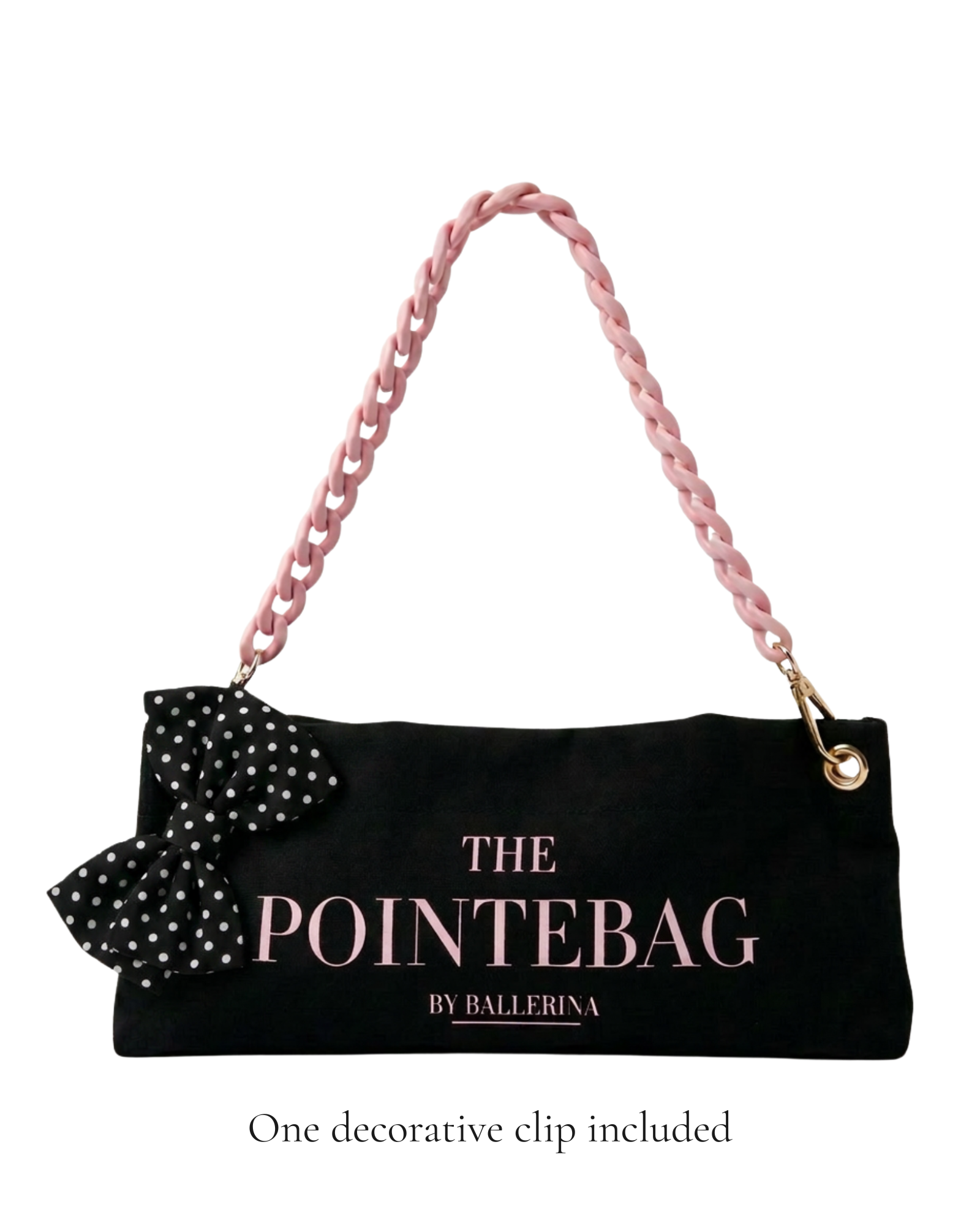 The PointeBag Classic Black Polka Edit with decorative clip — limited edition ballet bag with polka dot bow and pink chain, by PointeBag By Ballerina