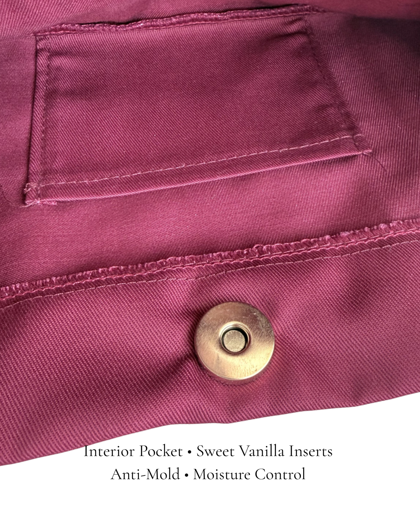 Burgundy Polka Edit interior pocket — magnetic closure, vanilla anti-mold insert, by PointeBag By Ballerina