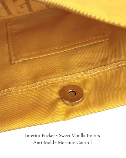 Butter Yellow Polka Edit pointe shoe bag interior pocket — magnetic closure, vanilla anti-mold insert, by PointeBag By Ballerina