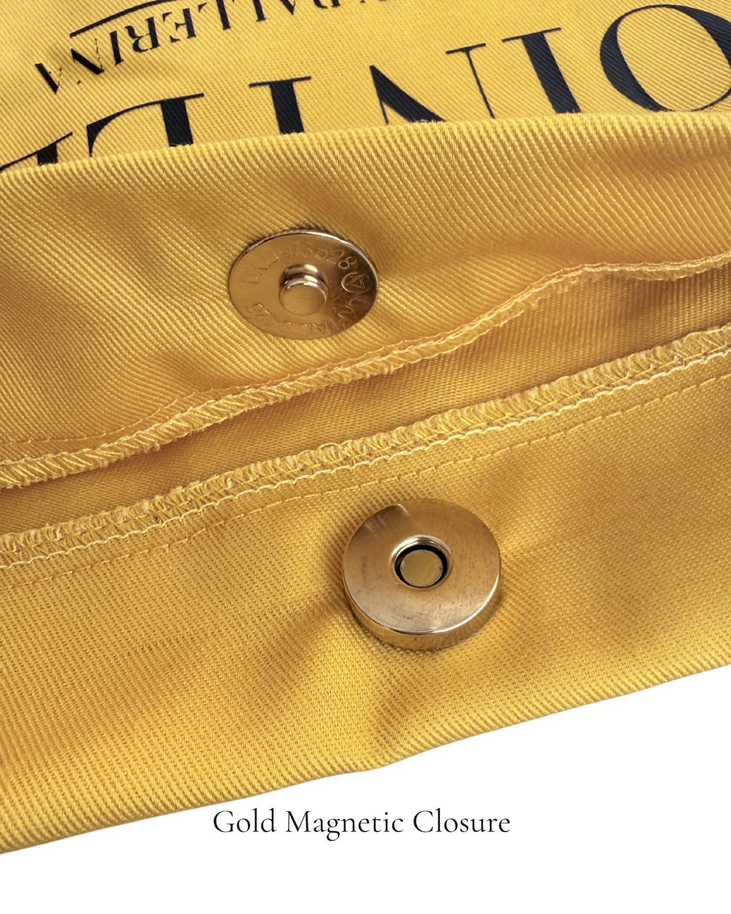 Close-up of gold magnetic closure on Butter Yellow Polka Edit pointe shoe bag — 220g cotton canvas, by PointeBag By Ballerina