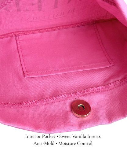 Interior of The PointeBag Classic Pink Polka Edit — sweet vanilla anti-mold scent insert and gold magnetic closure for pointe shoes — PointeBag By Ballerina