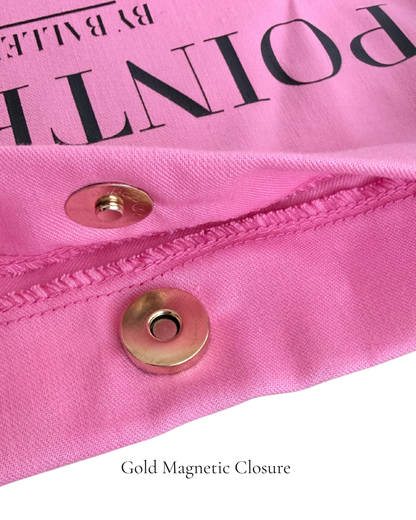Gold magnetic closure detail of The PointeBag Classic Pink Polka Edit — secure snap button on blush pink pointe shoe bag — PointeBag By Ballerina