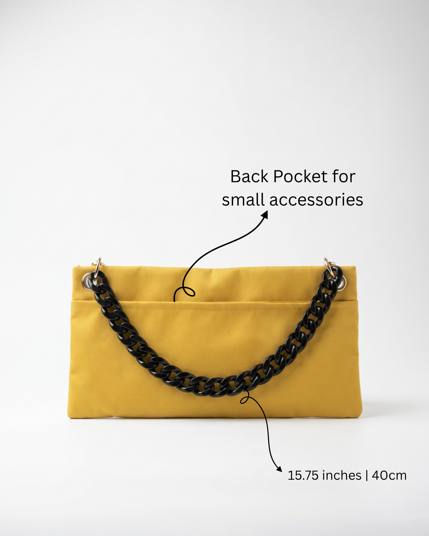 "Back view of The PointeBag By Ballerina in yellow — 15.75 inch ballet bag with back pocket for small accessories and black chain strap"