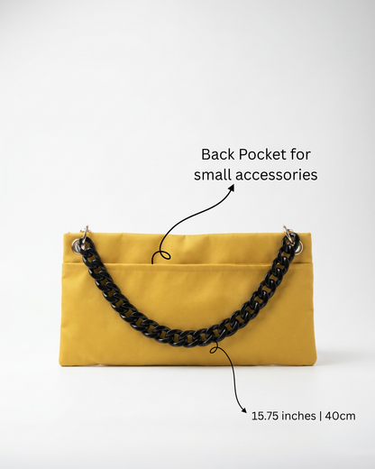 "Back view of The PointeBag By Ballerina in yellow — 15.75 inch ballet bag with back pocket for small accessories and black chain strap"