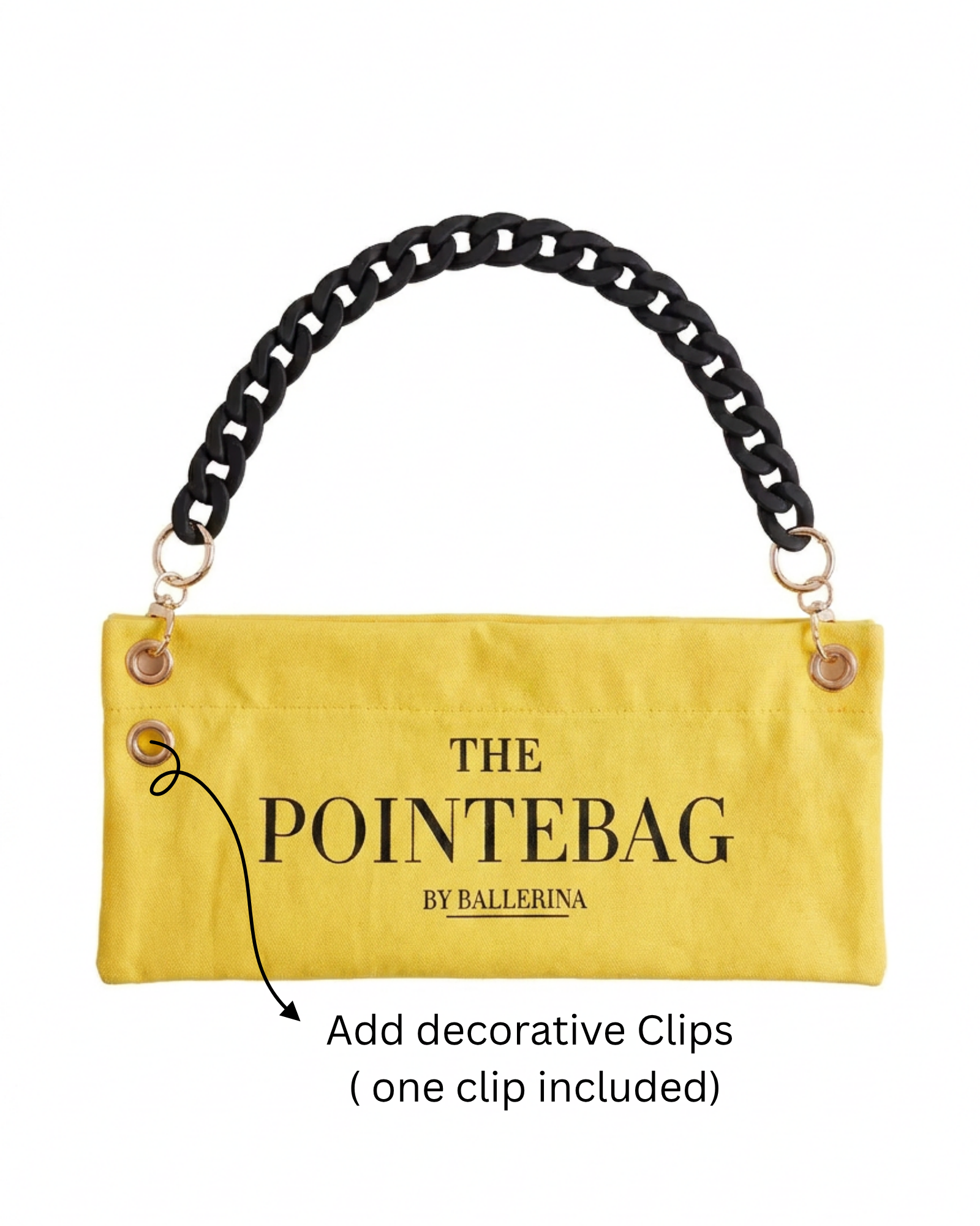 "The PointeBag By Ballerina in yellow — customizable ballet bag with decorative clip attachment and black chain strap, one clip included"