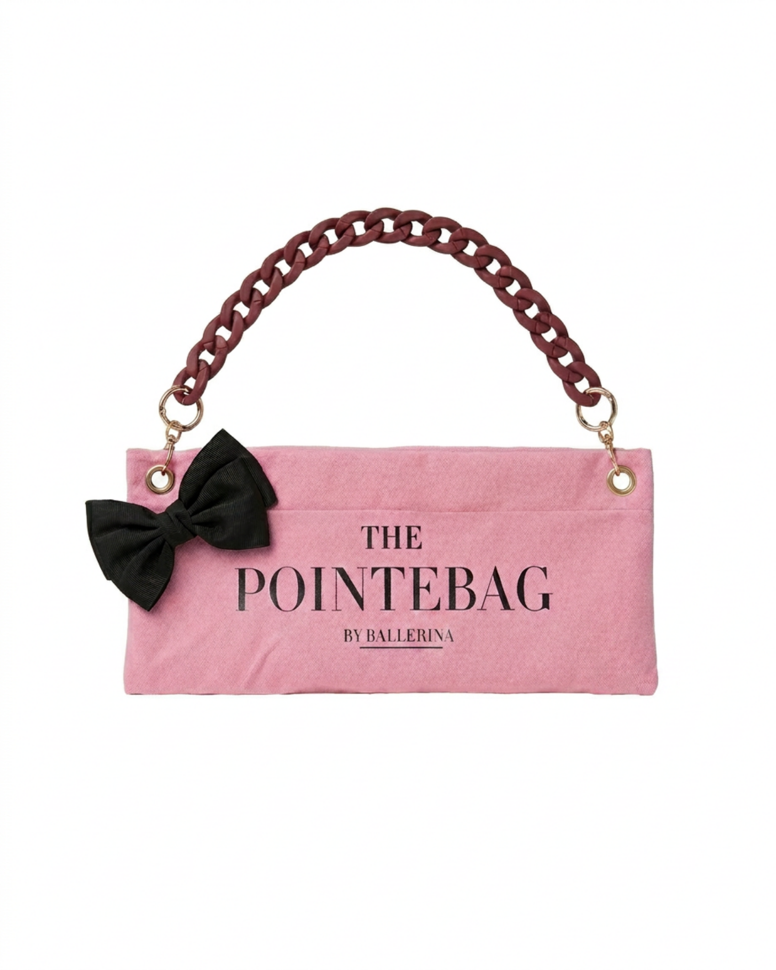 "The PointeBag By Ballerina in pink — ballet bag with black satin bow and burgundy chain strap, gold hardware"