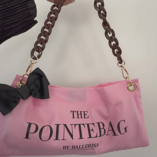 PointeBag detail video — cotton fabric ballet bag, swappable chains, custom clips and sweet vanilla scent
