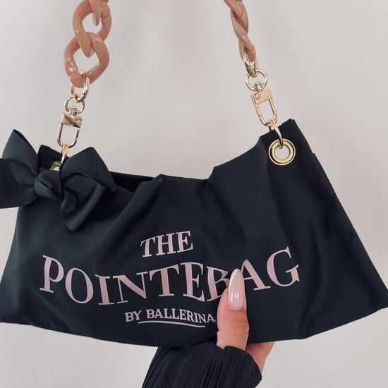 Detail shot of The Black Classic PointeBag — cotton fabric and stylish chains and clips by PointeBag By Ballerina
