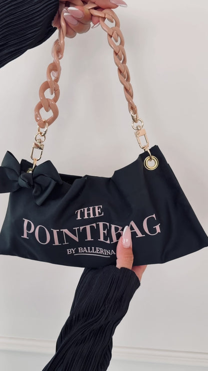 Detail shot of The Black Classic PointeBag — cotton fabric and stylish chains and clips by PointeBag By Ballerina