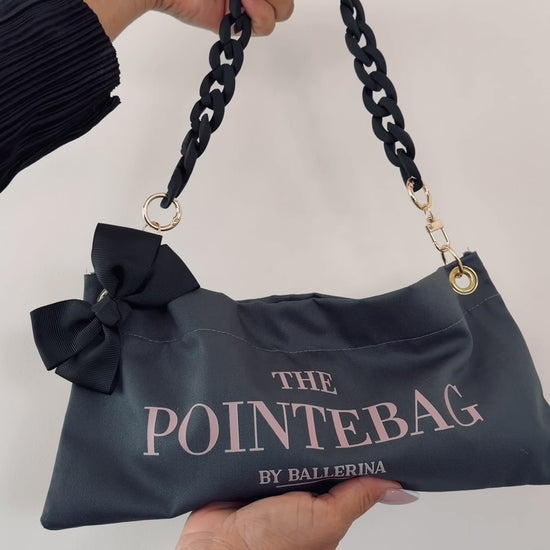 The PointeBag Classic Dark Grey — scented pointe shoe bag with black velvety chain, gold magnetic closure and 220g cotton canvas, by PointeBag By Ballerina