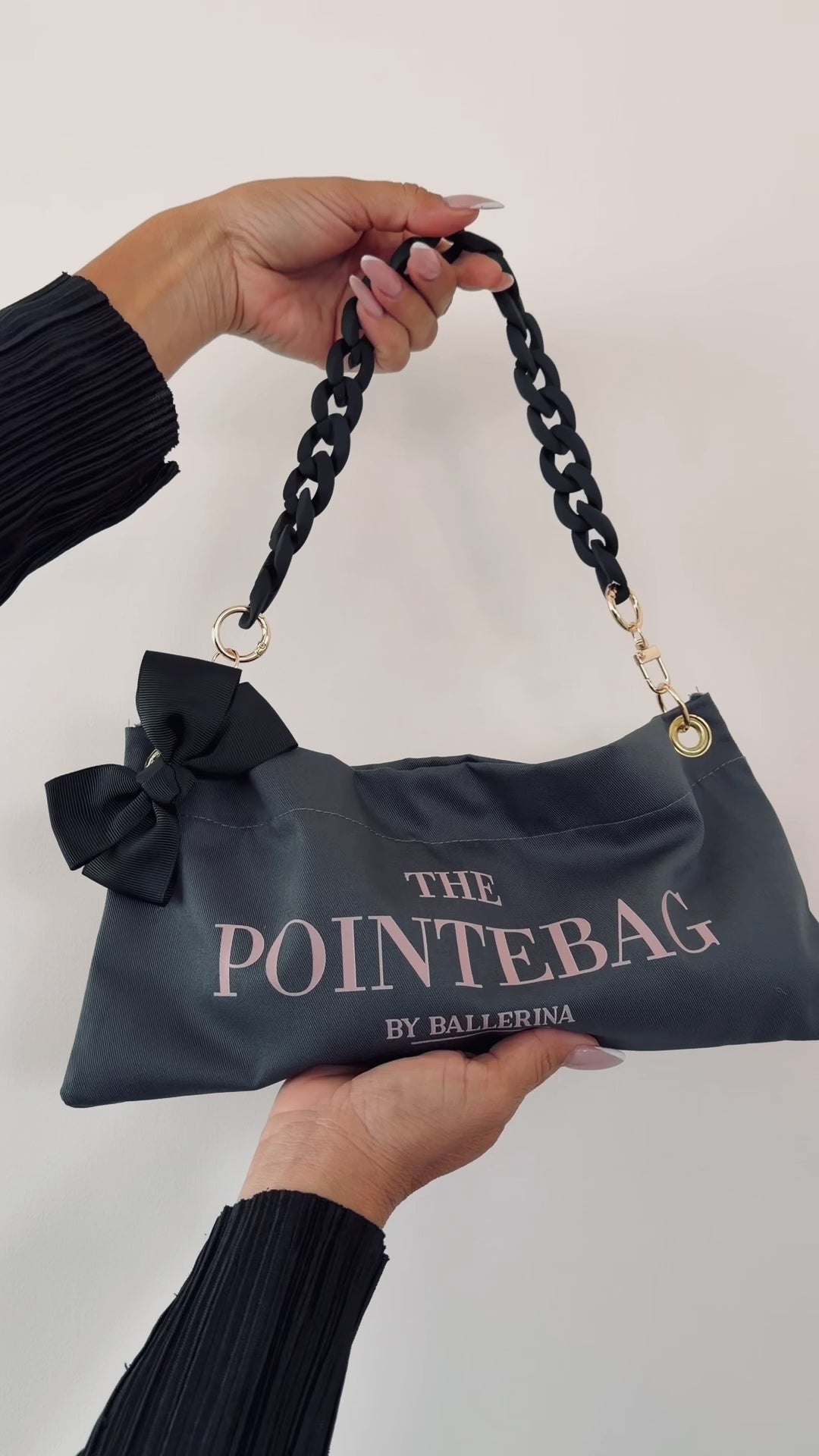 The PointeBag Classic Dark Grey — scented pointe shoe bag with black velvety chain, gold magnetic closure and 220g cotton canvas, by PointeBag By Ballerina