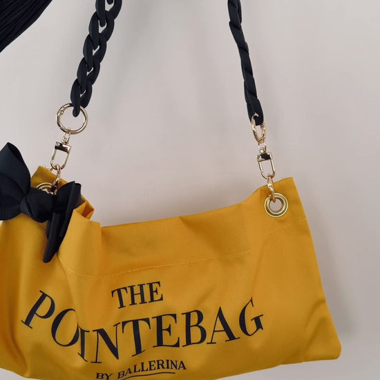 PointeBag by Ballerina — close-up of premium cotton fabric, velvety touch, gold chains and swappable clips