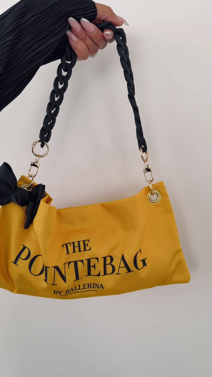 PointeBag by Ballerina — close-up of premium cotton fabric, velvety touch, gold chains and swappable clips