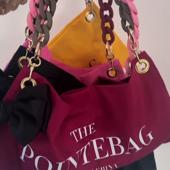 "PointeBag by Ballerina — cotton fabric ballet bag with designer swappable chains, clips and sweet vanilla scent"