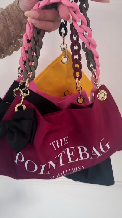 "PointeBag by Ballerina — cotton fabric ballet bag with designer swappable chains, clips and sweet vanilla scent"